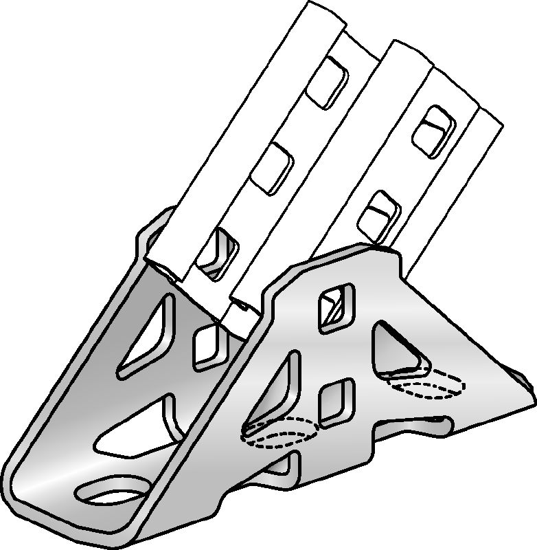 MC-CU OC-A Conector galvanizado en caliente (HDG) para la fijación de carriles de instalación MC-3D a una subestructura de concreto u otros carriles en exteriores, ya sea perpendicularmente o en ángulo Aplicaciones 1