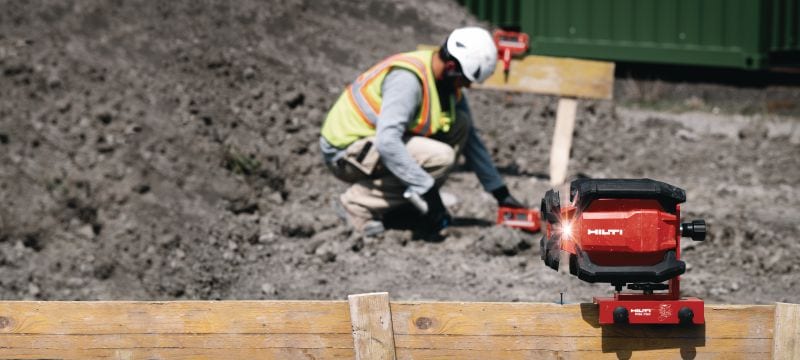 PR 400-22 Nivel láser rotativo de doble pendiente Nivel láser rotativo exterior sólido con funciones automáticas para nivelado de larga distancia, alineación, hacer escuadras y dobles pendientes (plataforma de batería Nuron) Aplicaciones 1