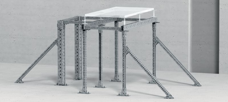 MC-CU OC-A Conector galvanizado en caliente (HDG) para la fijación de carriles de instalación MC-3D a una subestructura de concreto u otros carriles en exteriores, ya sea perpendicularmente o en ángulo Aplicaciones 1