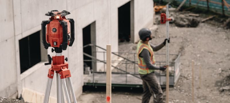 PR 400-22 Nivel láser rotativo de doble pendiente Nivel láser rotativo exterior sólido con funciones automáticas para nivelado de larga distancia, alineación, hacer escuadras y dobles pendientes (plataforma de batería Nuron) Aplicaciones 1